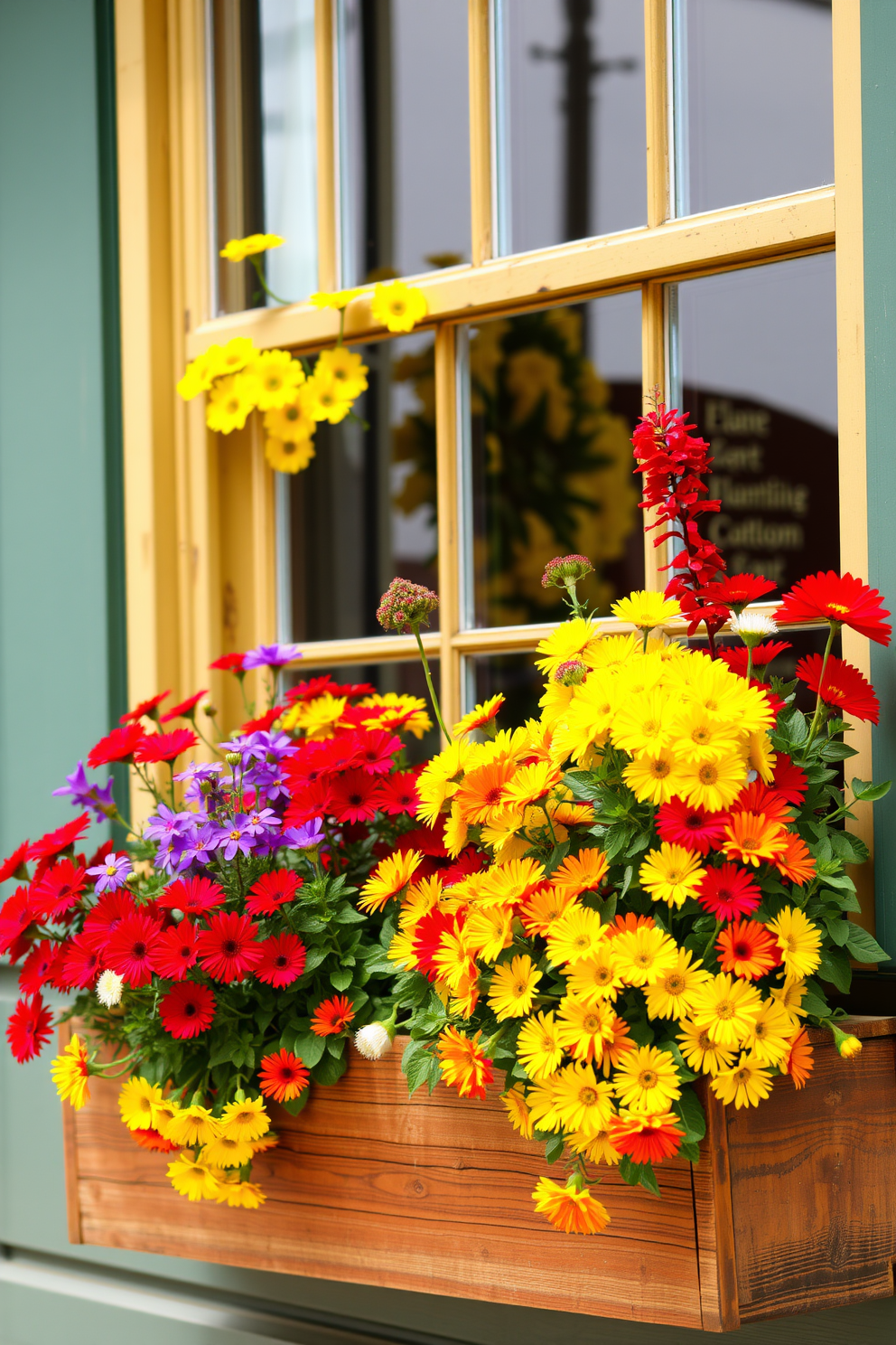 Colorful window boxes filled with vibrant seasonal flowers create a cheerful and inviting atmosphere. The window boxes are made of rustic wood, adorned with a variety of blooming plants in shades of red, yellow, and purple, enhancing the summer decor.