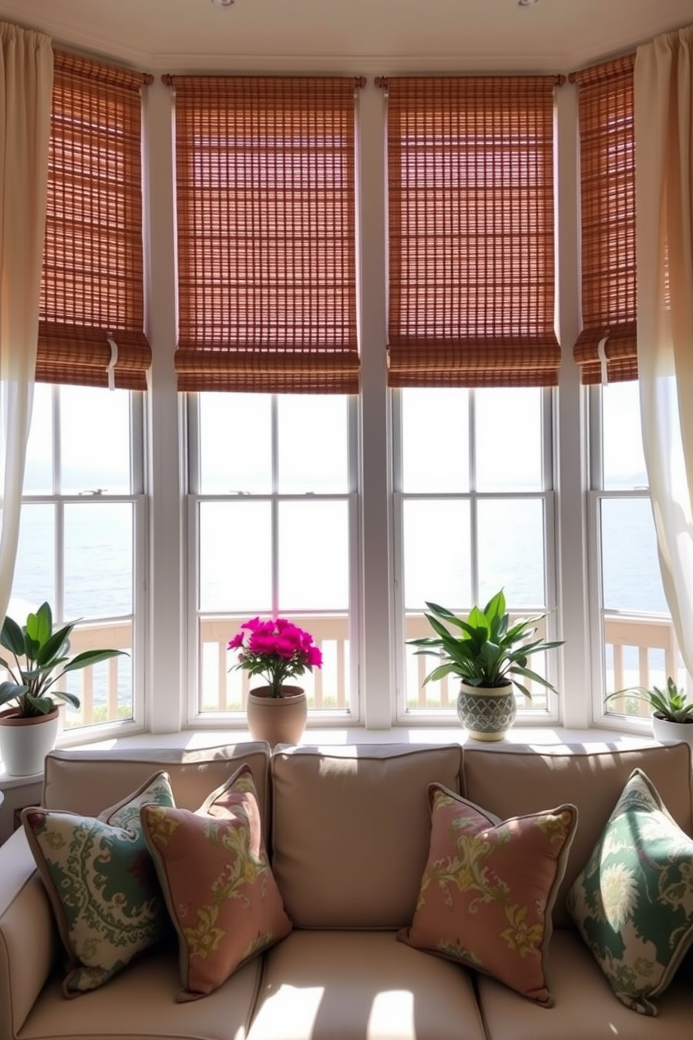 A bright and airy living room featuring large windows adorned with bamboo blinds that filter sunlight beautifully. The space is complemented by light, breezy curtains that add a touch of elegance while maintaining a natural aesthetic. The decor includes vibrant potted plants placed on either side of the windows, enhancing the summer vibe. A cozy seating area with a soft, neutral-toned sofa and colorful throw pillows invites relaxation and enjoyment of the sunny view.