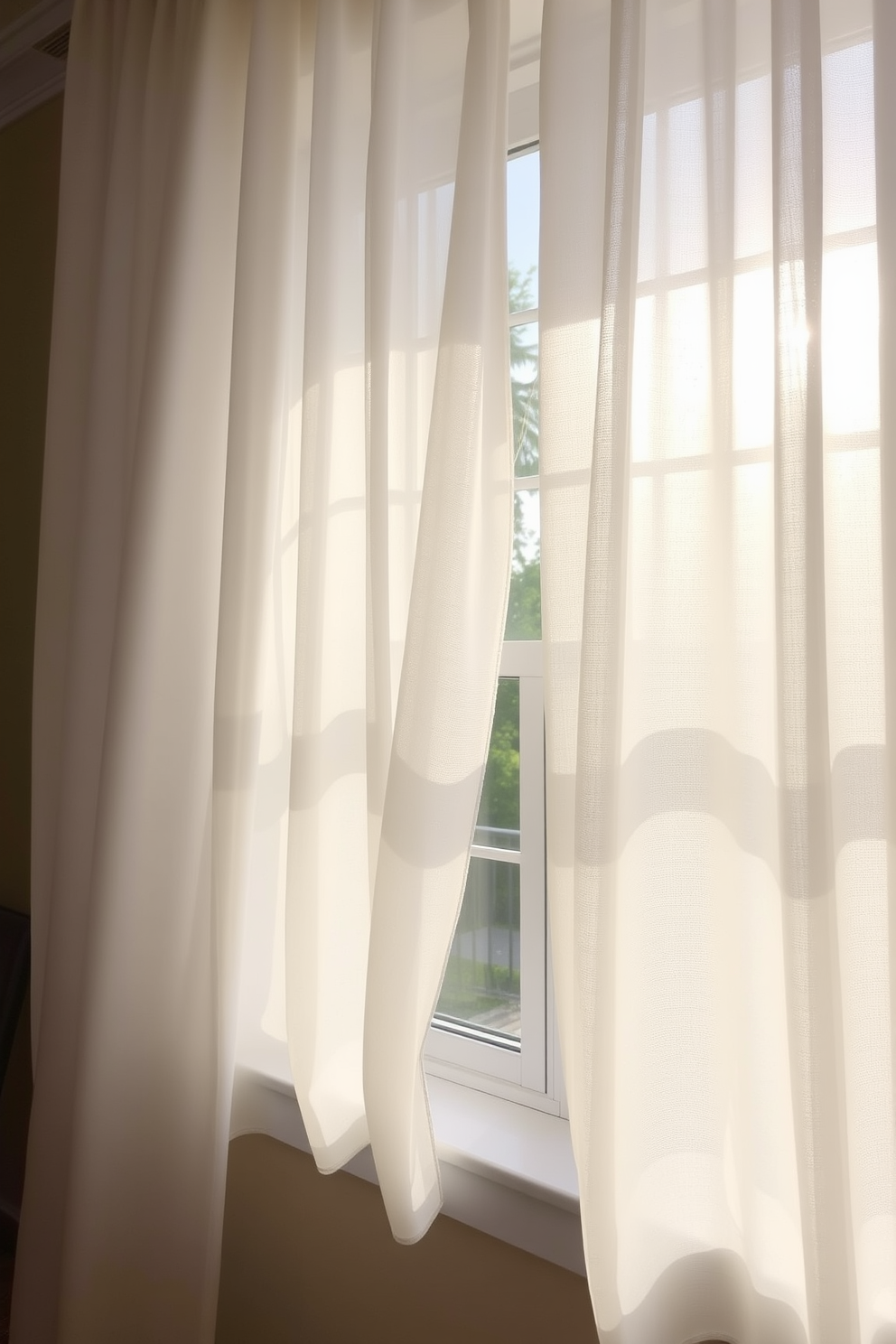 A bright and airy summer window scene featuring sunlight-filtering sheer drapes that gently sway in the breeze. The drapes are a soft white color, allowing natural light to fill the room while creating a warm and inviting atmosphere.