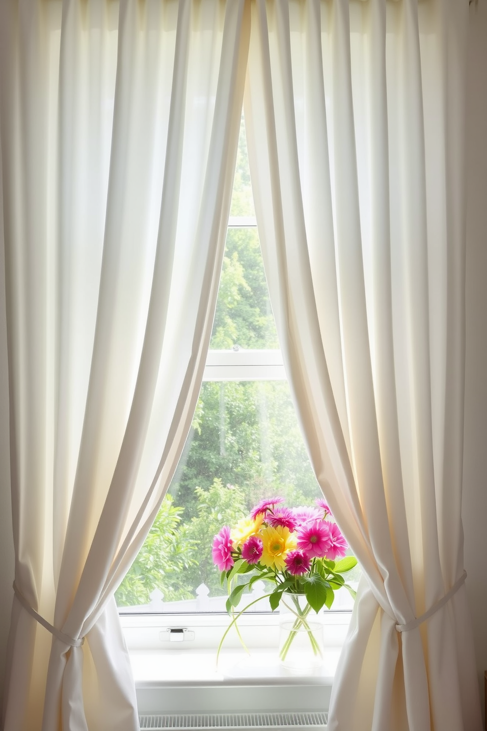 Crisp white curtains frame a bright window, allowing natural light to flood the room. The curtains billow gently in the summer breeze, creating a fresh and airy atmosphere. A vibrant floral arrangement sits on the windowsill, complementing the light fabric of the curtains. Soft pastel accents in the decor enhance the cheerful summer vibe throughout the space.