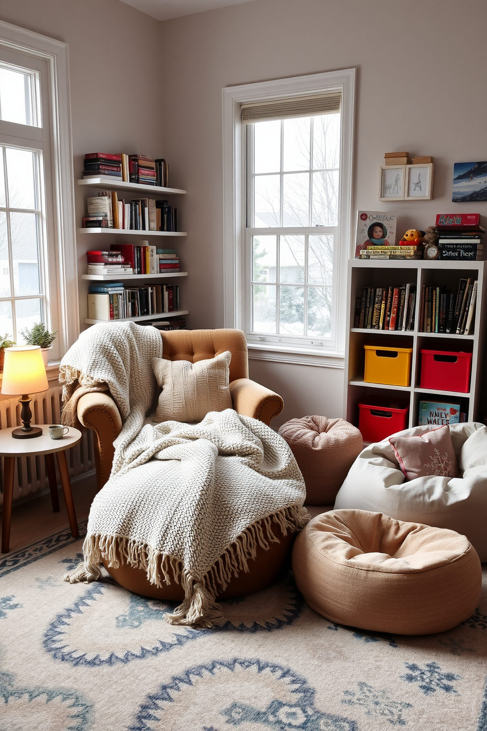 Cozy reading nook with warm blankets. A plush armchair is positioned by a large window, surrounded by shelves filled with books. Soft, textured blankets are draped over the armchair, inviting relaxation. A small side table holds a steaming mug of tea and a decorative lamp that casts a warm glow. Winter playroom decorating ideas. The space features a large area rug with playful patterns, providing a comfortable surface for children to play. Colorful storage bins are neatly arranged for toys, while a cozy reading corner is created with bean bags and a small bookshelf filled with winter-themed stories.