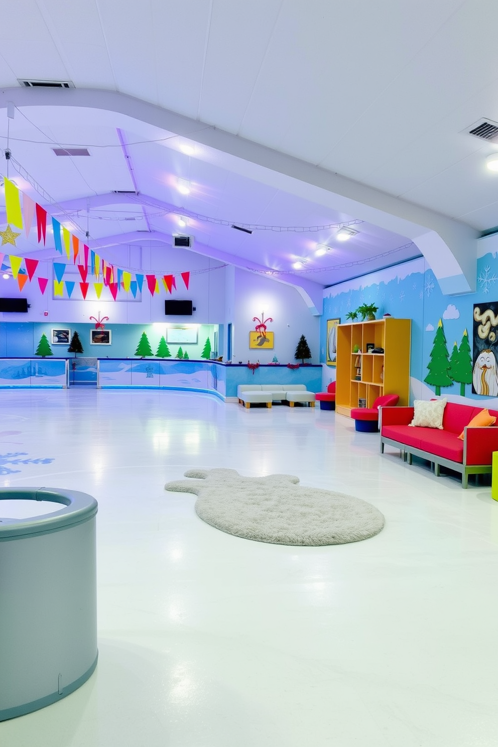 A vibrant ice skating rink with smooth, polished flooring that reflects the overhead lights. Surrounding the rink, colorful banners and festive decorations create a lively winter atmosphere. A cozy winter playroom designed for children, featuring soft seating areas and playful decor elements. The walls are adorned with cheerful winter-themed artwork, and a plush rug adds warmth to the space.