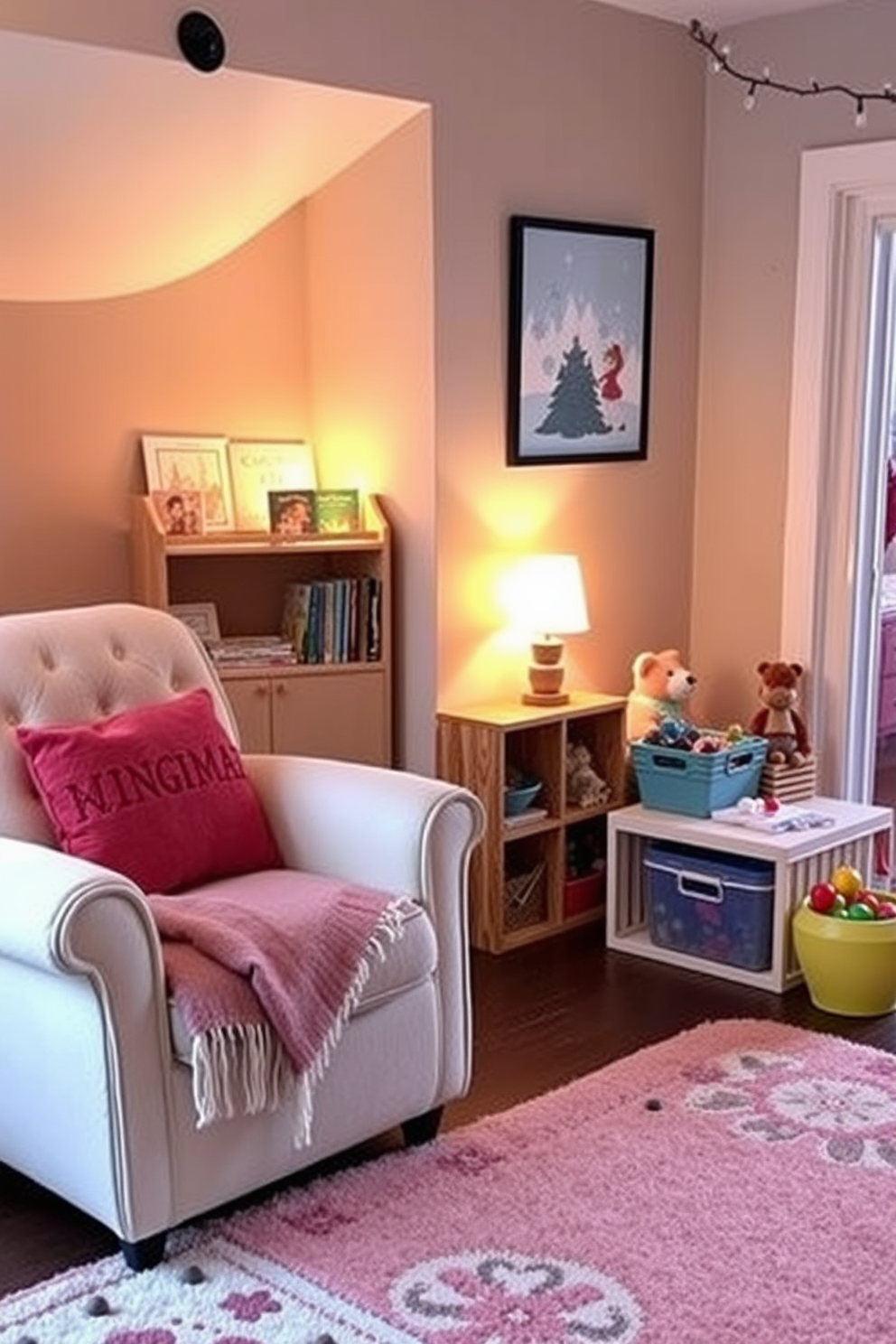 A cozy winter story corner adorned with a plush armchair and a soft throw blanket. A small wooden bookshelf filled with seasonal books and a warm, ambient lamp create an inviting reading nook. A vibrant playroom designed for winter fun featuring colorful decor and playful furniture. Soft rugs and storage bins filled with toys encourage creativity and comfort during the chilly season.