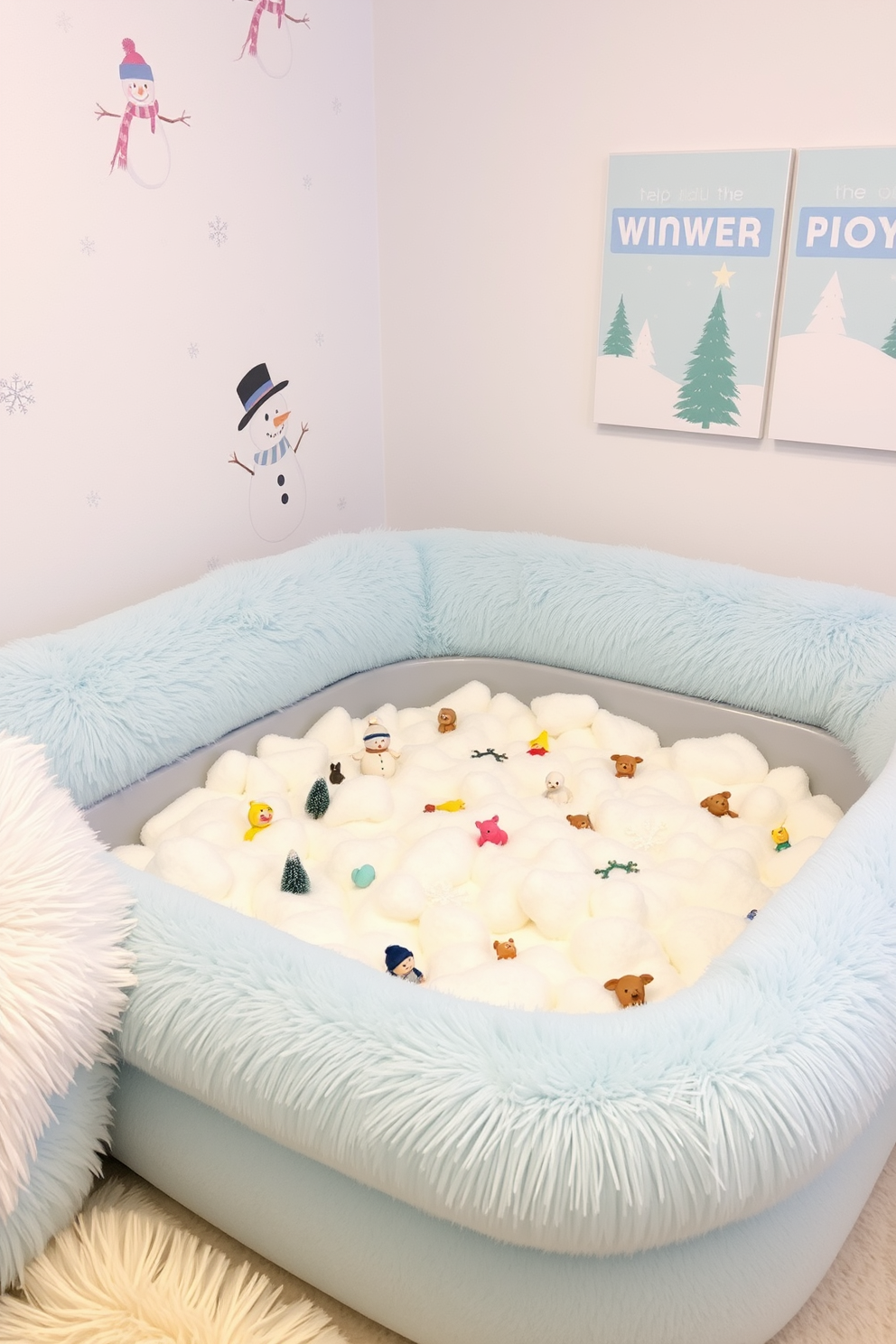 A cozy winter playroom filled with a snowy sensory bin invites tactile exploration. The bin is overflowing with soft white fluff resembling snow, accompanied by small figurines of winter animals and snowflakes. The walls are adorned with cheerful winter-themed artwork, featuring snowmen and frosty landscapes. Plush seating in shades of icy blue and white creates a comfortable area for children to relax and play.