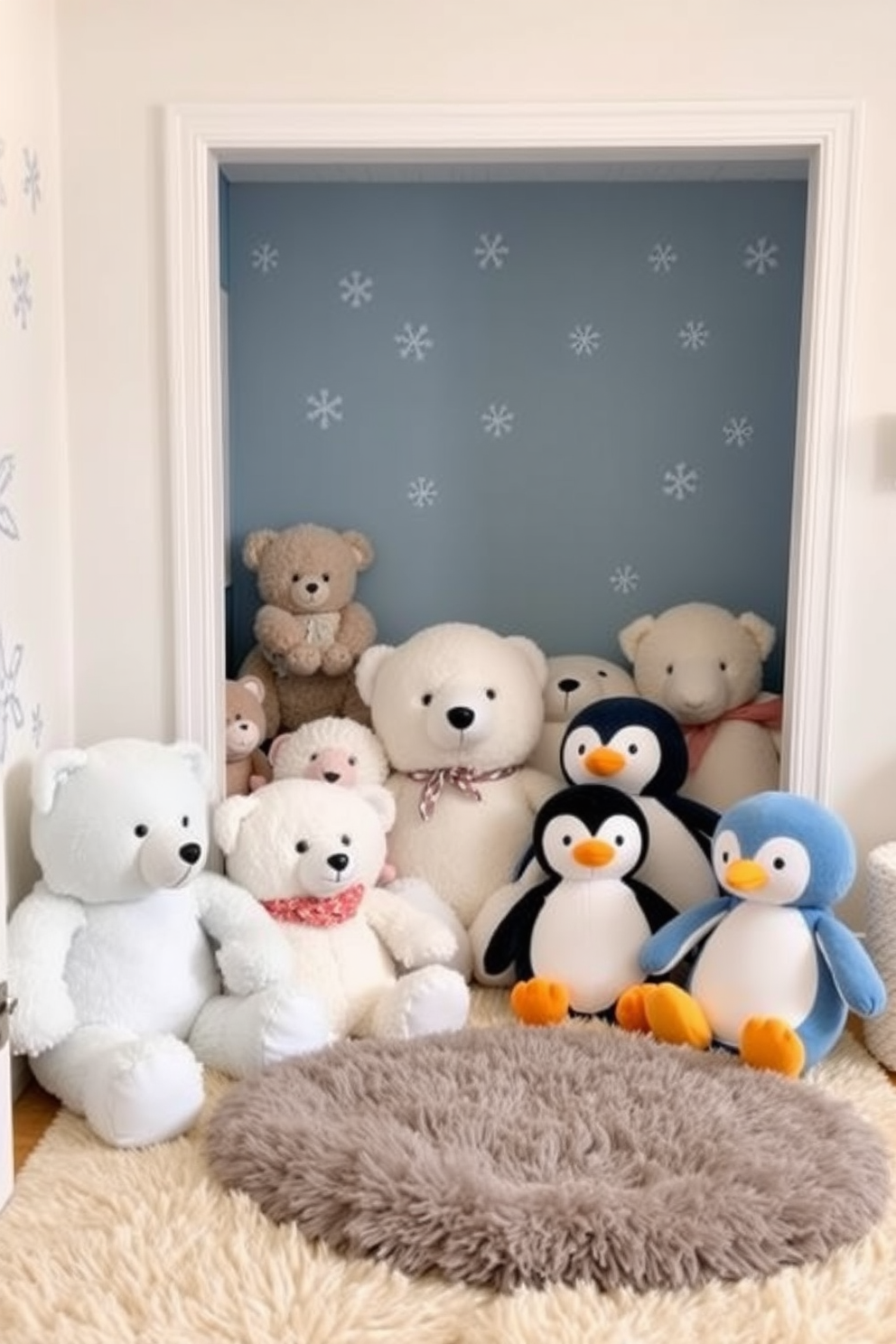 Winter animal plush toys for cuddles. A cozy playroom filled with soft plush toys shaped like winter animals such as polar bears and penguins. Winter Playroom Decorating Ideas. The walls are painted in a soft blue hue with snowflake decals, and the floor is covered with a warm, fluffy rug to create a welcoming atmosphere.