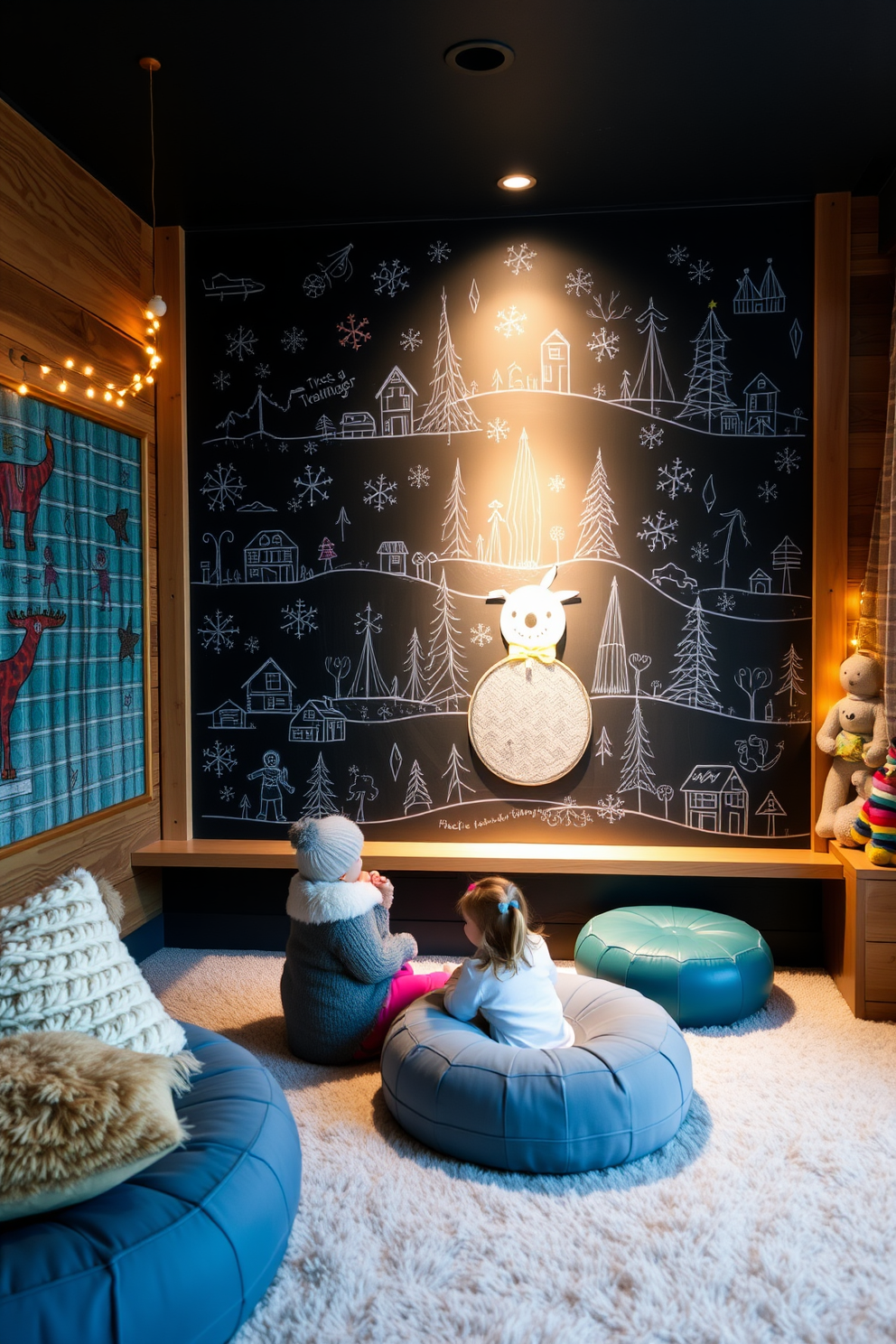 A cozy winter playroom featuring a large chalkboard wall filled with colorful winter drawings created by children. The space is adorned with soft, plush seating and warm lighting, creating an inviting atmosphere for play and creativity.