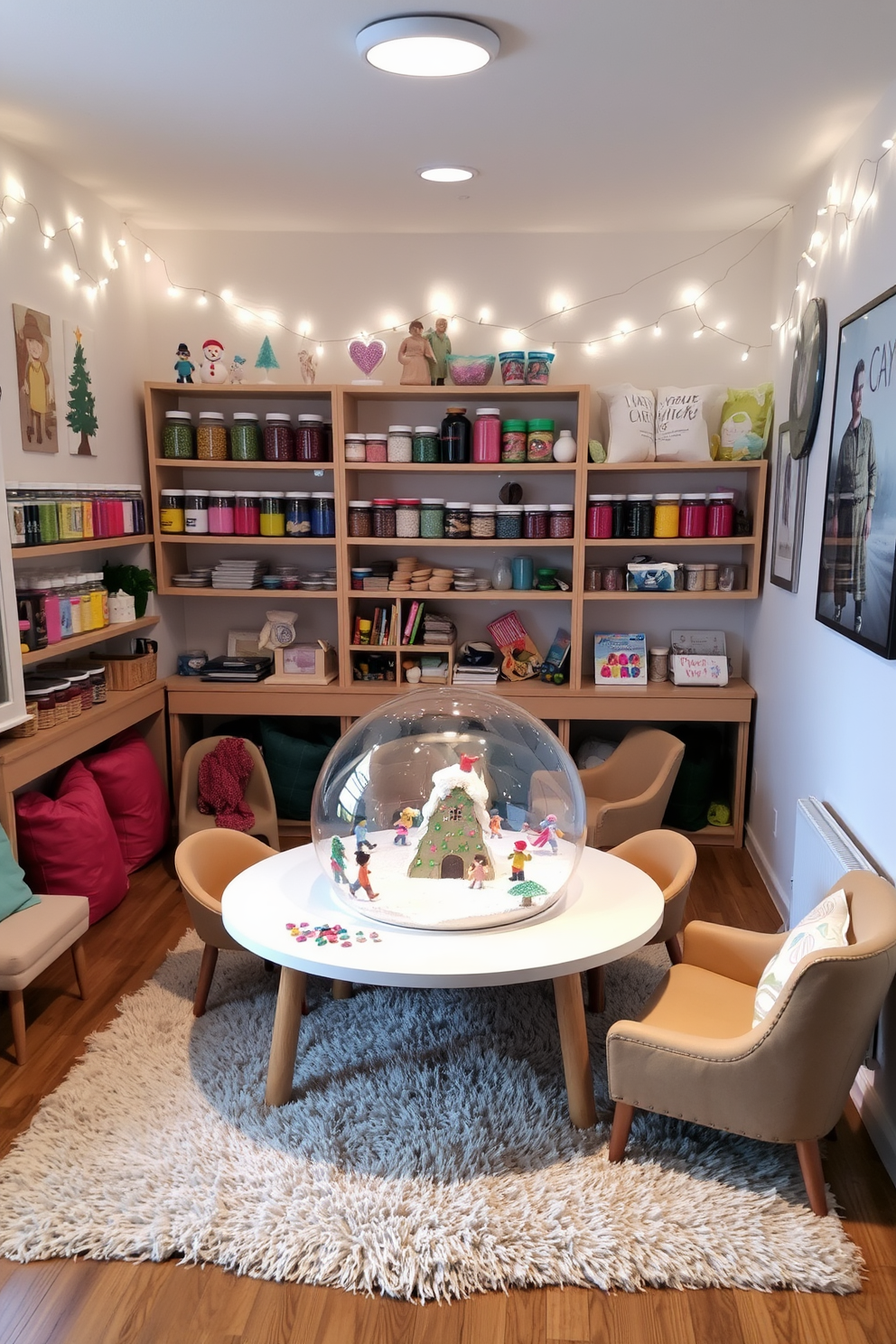 A cozy snow globe craft area filled with colorful supplies and materials. A large table is surrounded by comfortable chairs, and shelves are lined with jars of glitter, paint, and miniature figures. The walls are adorned with winter-themed artwork and twinkling fairy lights. A plush rug covers the floor, creating a warm and inviting space for children to unleash their creativity.