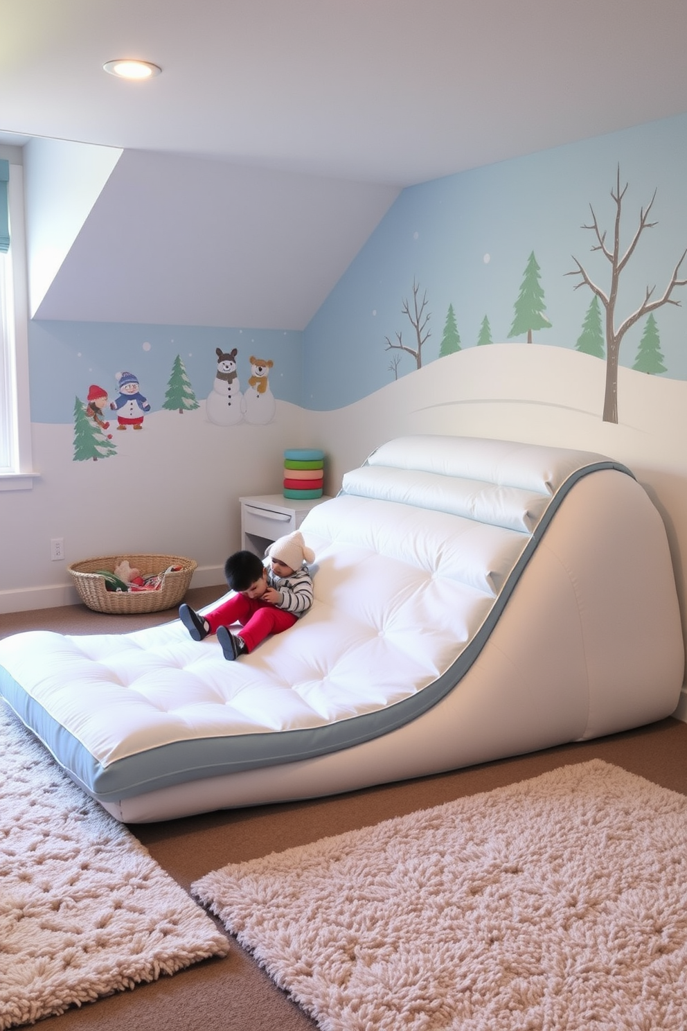 A cozy winter playroom features a sledding hill made of soft cushions stacked to create a fun and safe slide for children. The walls are adorned with playful winter-themed artwork, and plush rugs provide warmth underfoot.