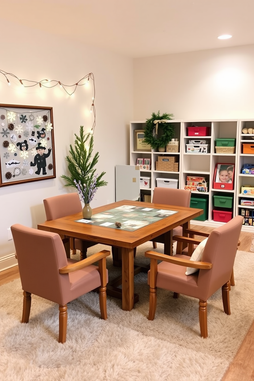 A cozy winter-themed puzzles and games station. The space features a large wooden table surrounded by comfortable chairs, adorned with seasonal decorations like pinecones and fairy lights. A dedicated winter playroom with soft, warm colors. The room includes a plush rug, whimsical wall art of snowflakes, and shelves filled with winter-themed toys and games.