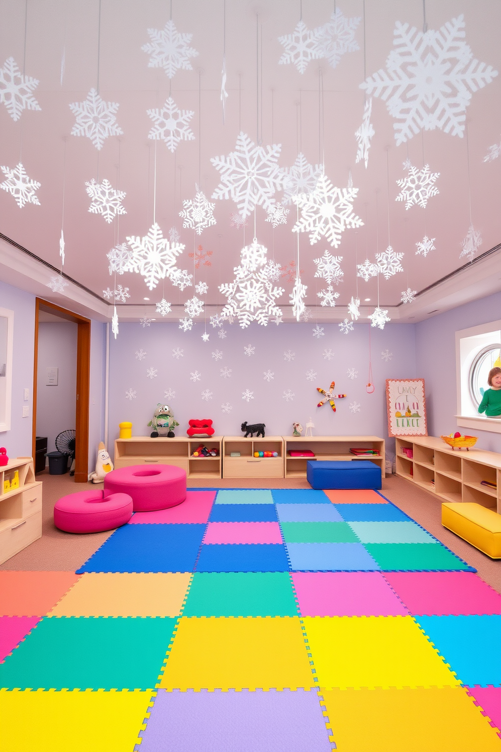 A whimsical winter playroom filled with joy and creativity. The ceiling is adorned with delicate decorative snowflakes that gently sway, creating a magical atmosphere. Brightly colored play mats cover the floor, providing a cozy space for children to play. Plush seating in cheerful hues invites relaxation and fun in this winter wonderland.