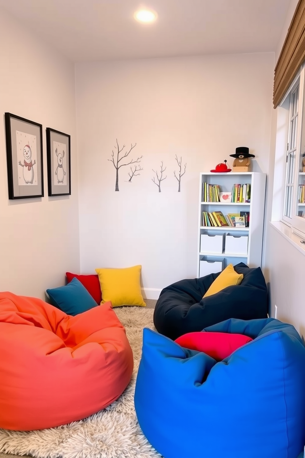 A cozy corner designed for a winter playroom features colorful bean bags and soft cushions arranged invitingly on a plush rug. The walls are adorned with playful winter-themed artwork, and a small bookshelf filled with children's books adds a touch of warmth to the space.