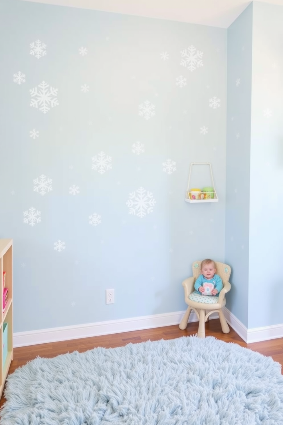 Snowflake wall decals create a whimsical winter charm that transforms any space into a cozy retreat. The light blue walls serve as a perfect backdrop for the delicate white snowflakes that dance across the room. For a winter playroom, incorporate soft textures and playful elements to inspire creativity. A plush area rug in icy tones complements the snowflake theme while providing a comfortable space for play and imagination.