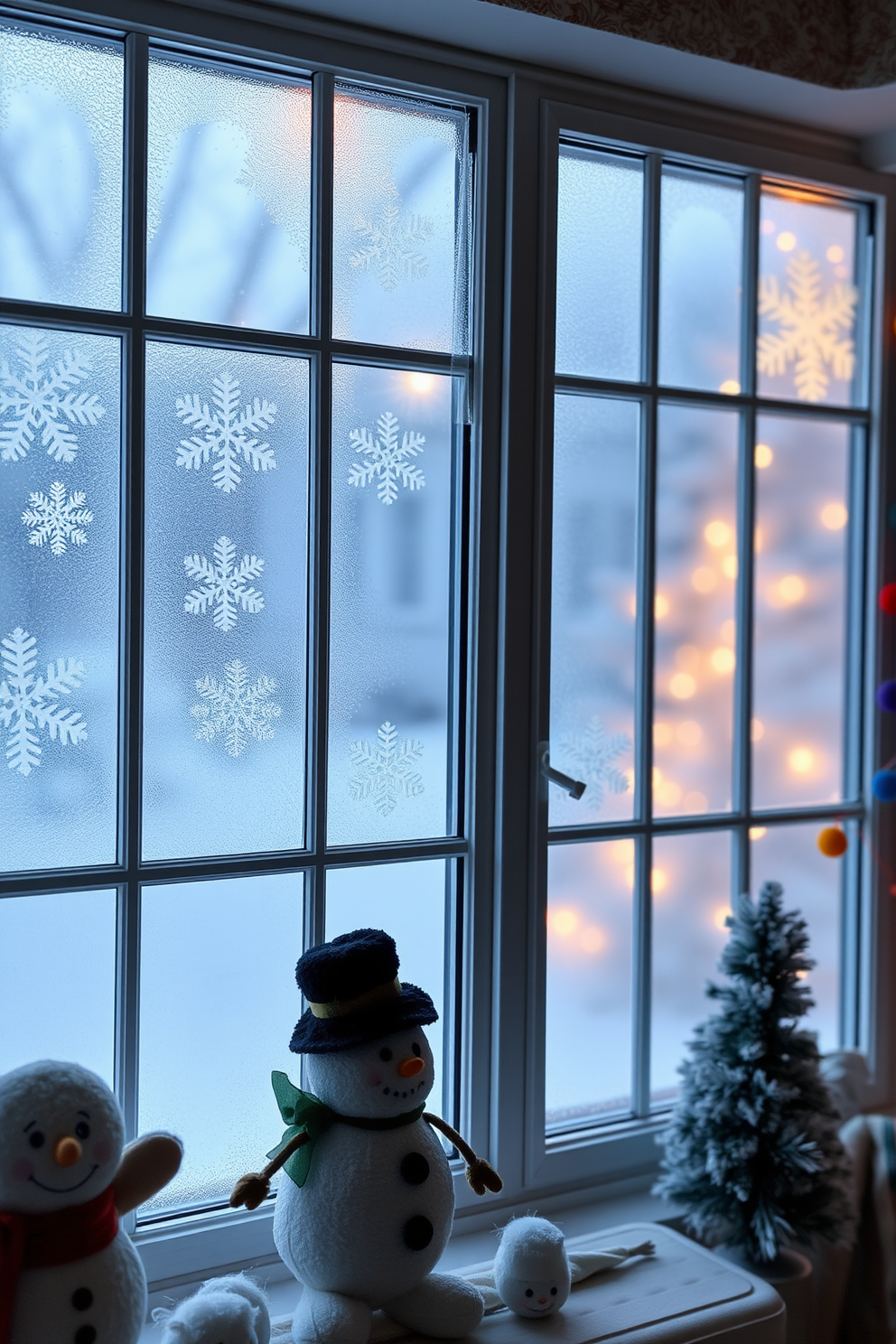 Frosted window decorations create a whimsical atmosphere with intricate snowflake patterns that dance across the glass. Soft, ambient light filters through, casting delicate shadows that enhance the cozy feel of the space. For a winter playroom, incorporate playful elements like plush snowmen and colorful garlands that evoke the spirit of the season. Use a palette of icy blues and warm whites to create a cheerful yet inviting environment for children to enjoy.