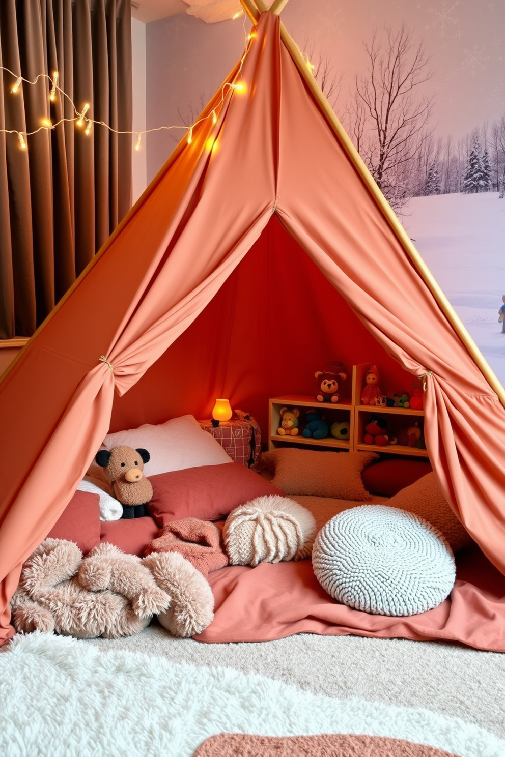 Indoor camping setup with winter decor. A cozy tent made of warm-toned fabric is set up in the living room, surrounded by soft blankets and plush cushions. Winter Playroom Decorating Ideas. The playroom features a snow-themed mural on one wall, with a collection of colorful toys arranged on a wooden shelf beneath a twinkling string of fairy lights.