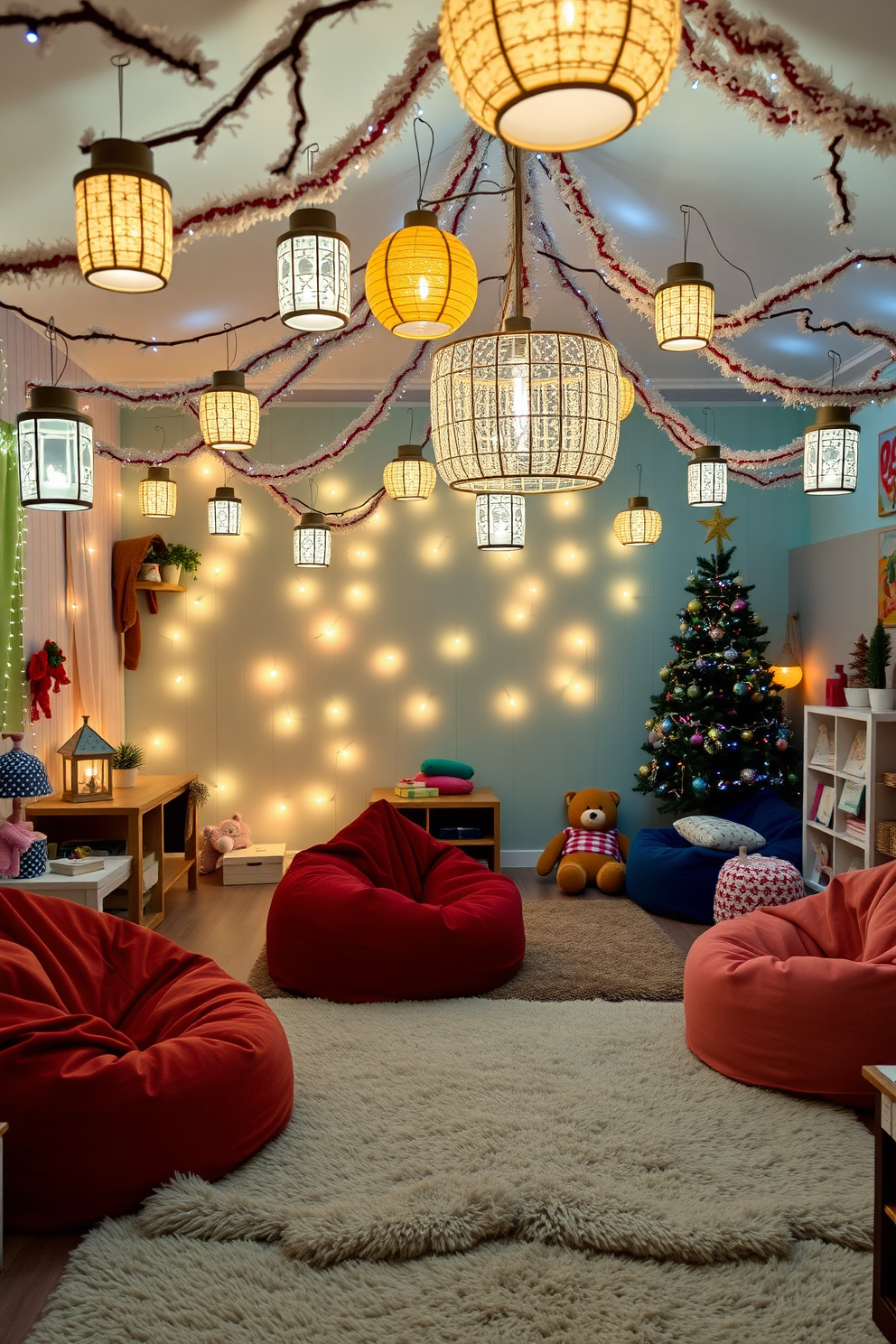 A cozy winter playroom filled with soft lighting from decorative lanterns that create a warm and inviting atmosphere. The space features plush rugs on the floor and colorful bean bags scattered around for comfortable seating.