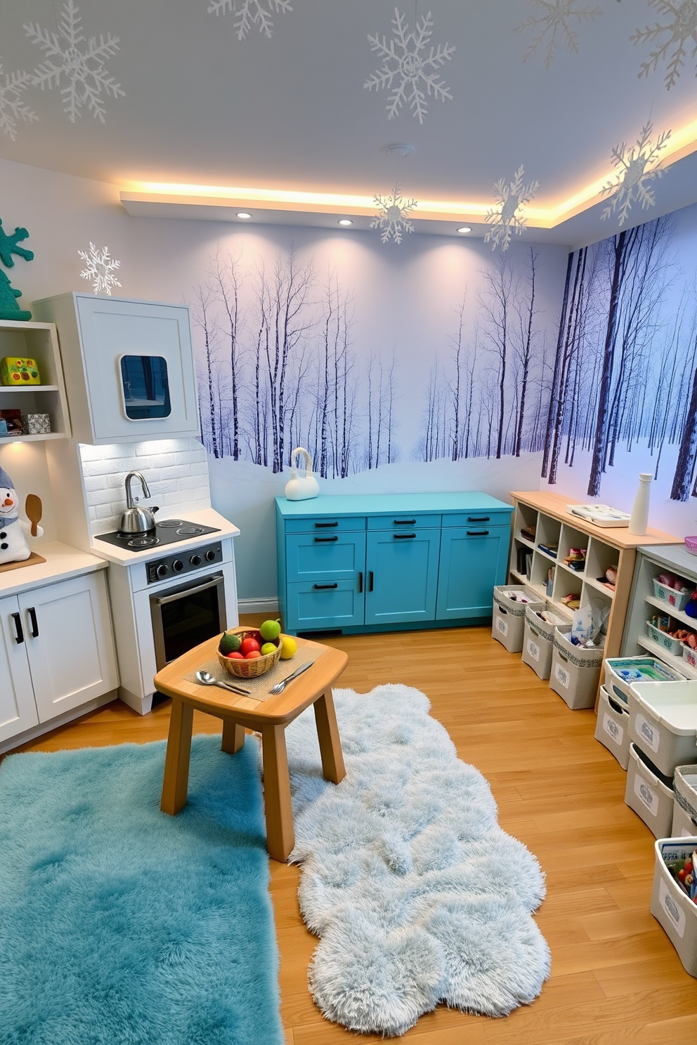 A winter-themed play kitchen designed for imaginative cooking. The kitchen features soft white cabinetry with light blue accents and a countertop resembling a snowy landscape. Cozy accessories like plush snowman and snowflake decorations adorn the walls. A small wooden table is set with miniature cooking utensils and a basket of faux fruits, inviting creativity and play. Brightly colored rugs in shades of icy blue and silver cover the floor, adding warmth to the space. Soft, ambient lighting mimics the glow of winter evenings, creating a magical atmosphere for children to explore. The winter playroom is filled with playful elements that inspire creativity. A large mural of a snowy forest serves as the backdrop, while comfortable seating areas invite children to relax and engage in imaginative play. Decorative snowflakes hang from the ceiling, adding a whimsical touch to the room. A variety of interactive toys and games are neatly organized in winter-themed storage bins, making the space both fun and functional.