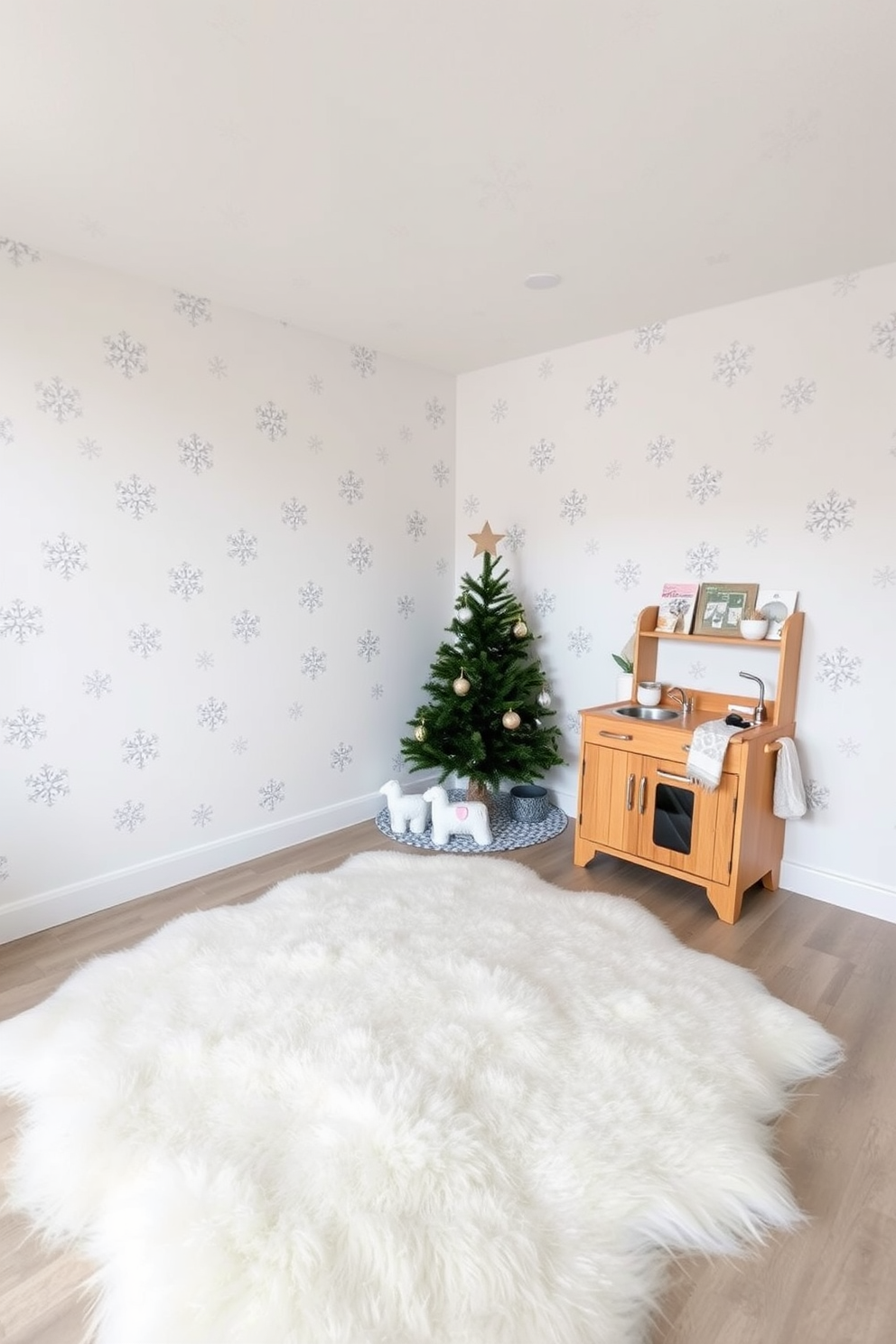 A cozy winter playroom designed for pretend play. The walls are adorned with soft white wallpaper, and fluffy snowflake decals create a whimsical atmosphere. In the center, a large faux fur rug mimics freshly fallen snow, providing a soft play area. A wooden play kitchen is set against one wall, decorated with winter-themed accessories and a small pine tree in the corner.