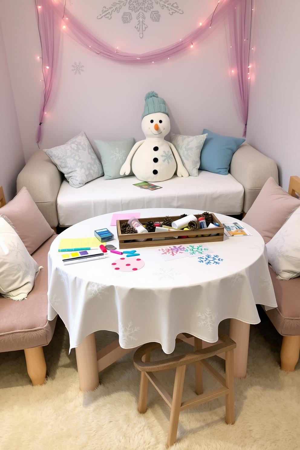 A cozy winter-themed table is set for arts and crafts with a white tablecloth adorned with snowflake patterns. On the table, there are various supplies including colored papers, glitter, and pinecones arranged in a rustic wooden box. The winter playroom features soft pastel colors with accents of icy blue and frosty white. Plush seating is arranged around a central play area decorated with winter-themed cushions and a large snowman plush toy.