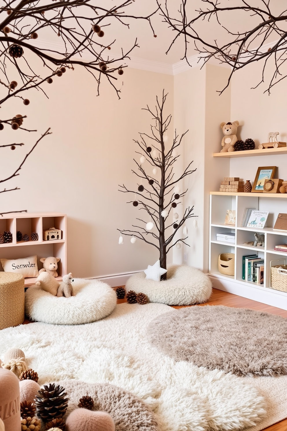 A cozy winter playroom filled with decorative pinecones and branches. The walls are adorned with soft, neutral colors, and fluffy rugs provide comfort underfoot. In one corner, a whimsical tree made of branches stands tall, decorated with small ornaments. Plush seating areas invite children to play, while shelves display nature-themed toys and books.