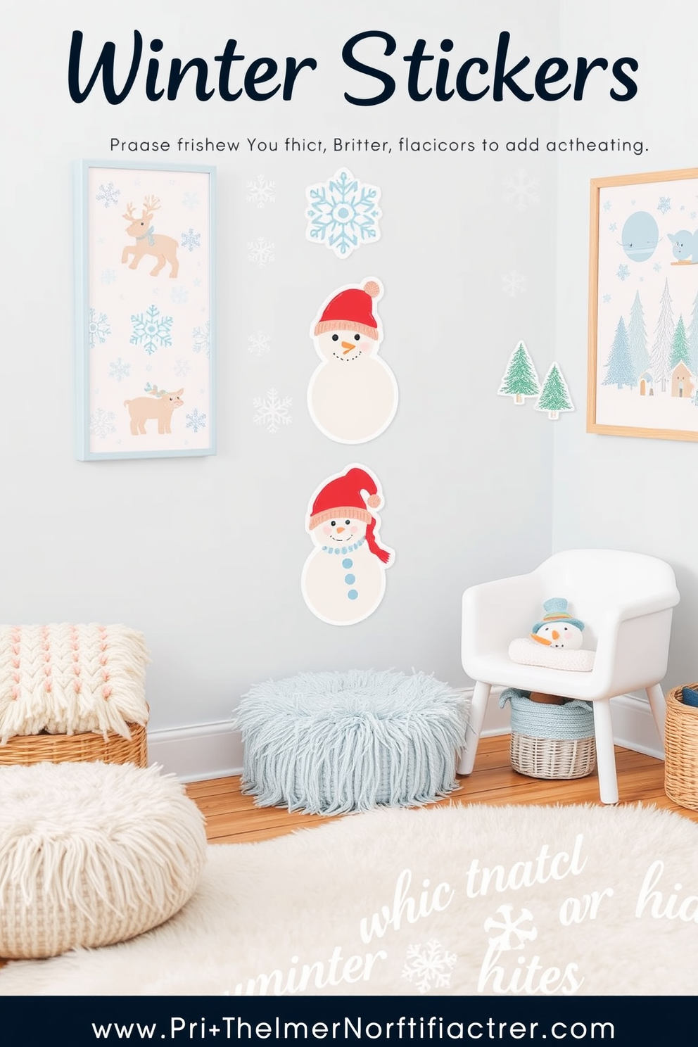 Winter themed stickers for creative projects. These stickers feature snowflakes, snowmen, and cozy winter scenes to add a festive touch to your crafts. Winter playroom decorating ideas. Create a whimsical space with soft blue and white colors, fluffy rugs, and playful winter-themed wall art to inspire imagination and fun.