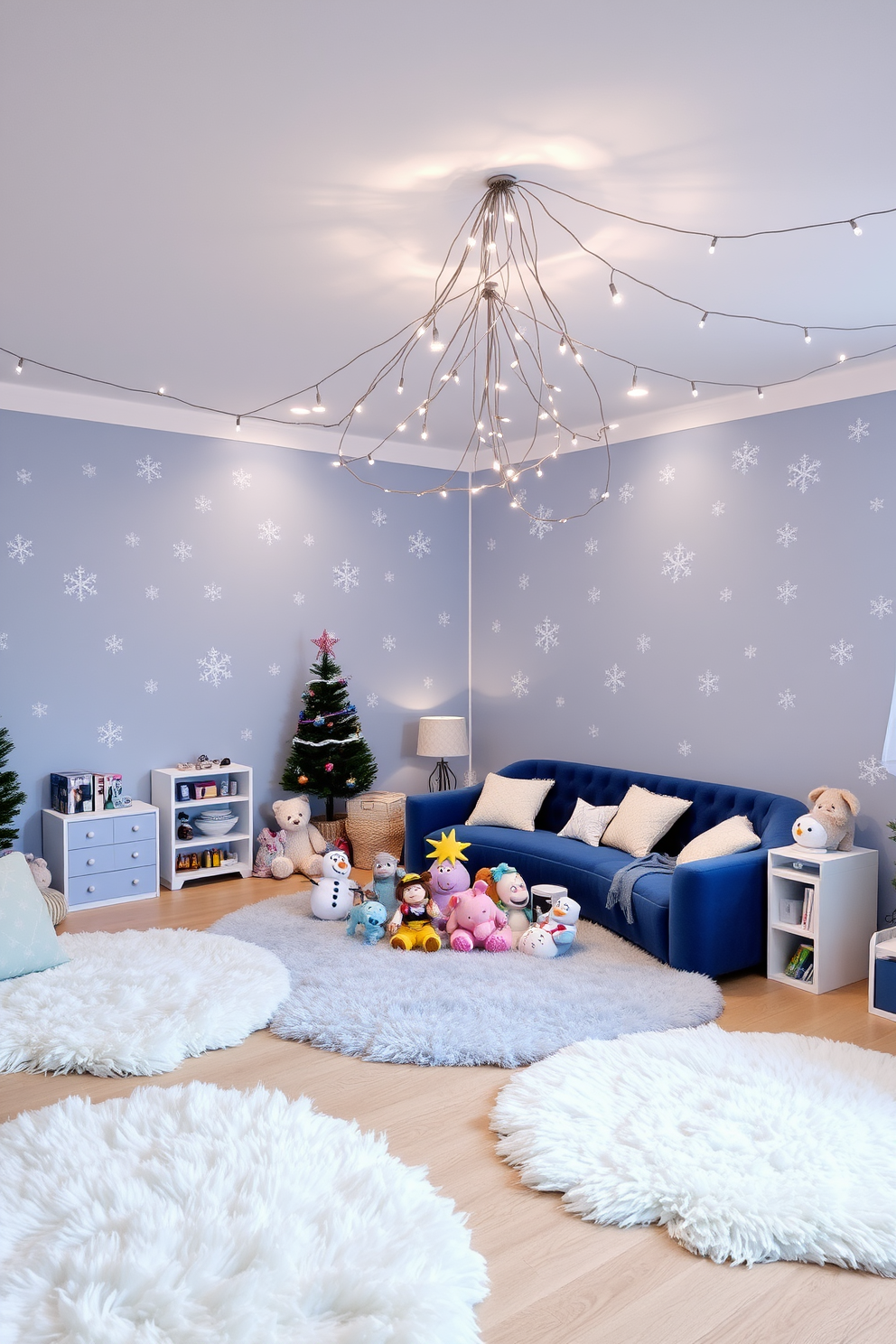 A cozy winter wonderland playroom filled with shades of blue and white. The walls are adorned with snowflake decals and soft, fluffy white rugs cover the floor. A large, inviting play area features a plush blue sofa surrounded by a collection of winter-themed toys. Twinkling fairy lights hang from the ceiling, creating a magical atmosphere perfect for imaginative play.