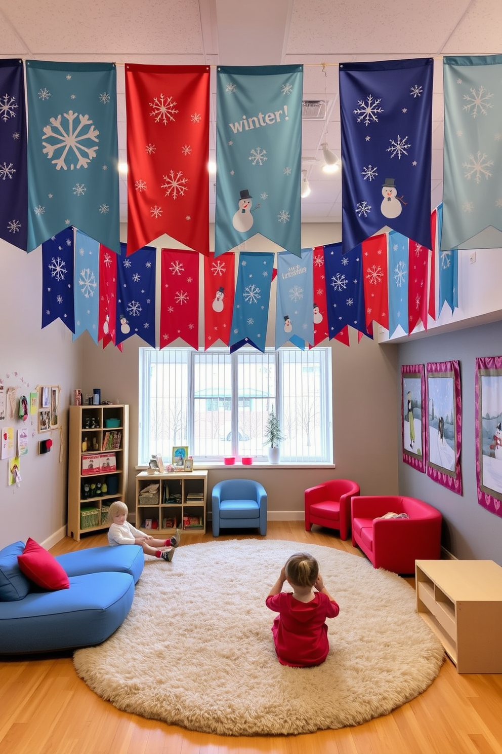 Colorful winter-themed banners hang across the walls, adorned with playful snowflakes and cheerful snowmen. The vibrant colors of blue, red, and white create a festive atmosphere, inviting children to embrace the joy of the season. In the winter playroom, cozy seating is arranged around a soft, plush rug, providing a warm space for play and creativity. The walls are decorated with whimsical artwork featuring winter scenes, enhancing the playful and inviting ambiance.