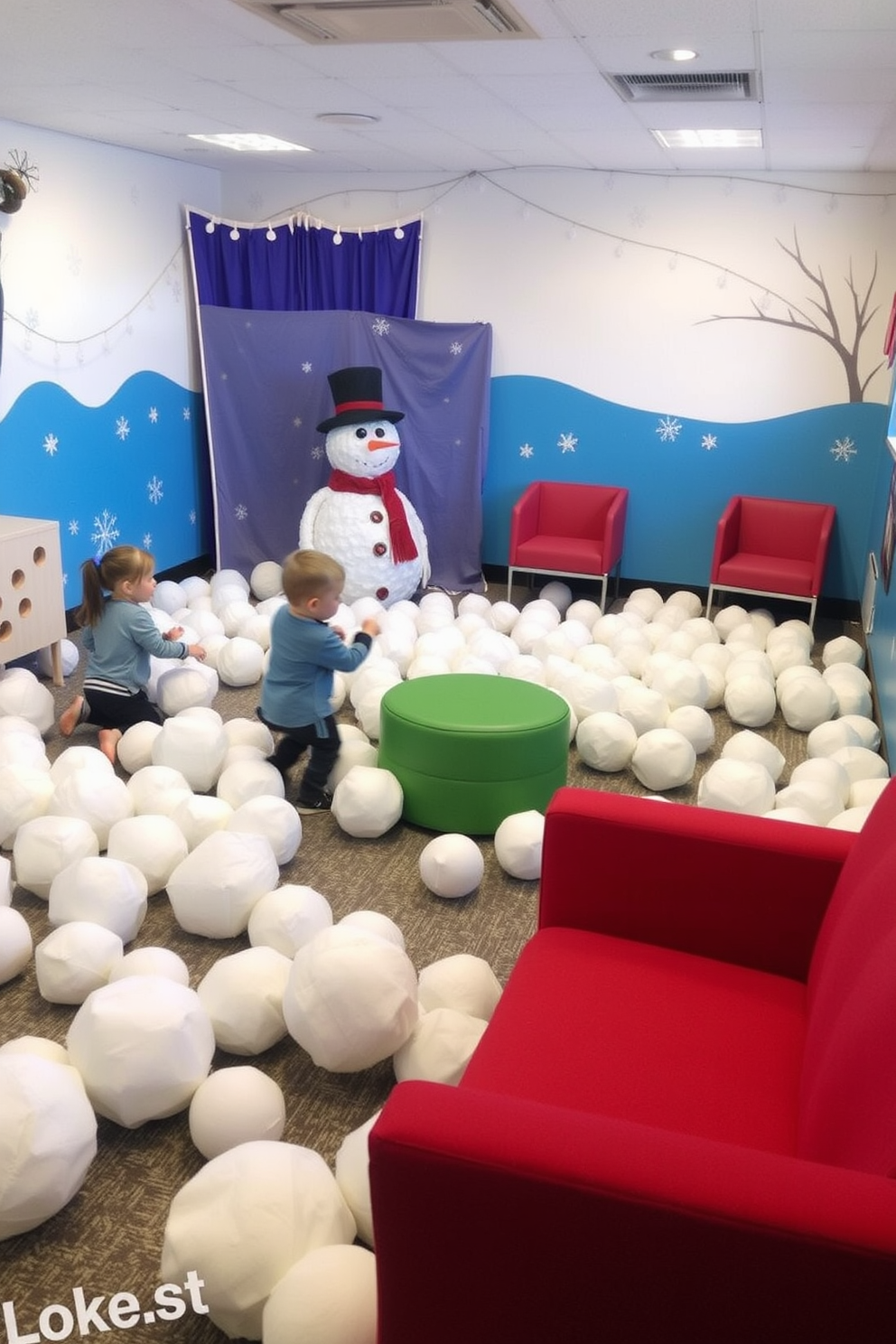 Create a playful indoor snowball fight area designed for children. The space features soft, oversized snowball-like balls scattered across a cozy, carpeted floor with winter-themed wall decorations. Incorporate a snowman backdrop for photo opportunities and bright, cheerful colors to enhance the playful atmosphere. Add comfortable seating options for parents to supervise while enjoying the winter wonderland experience.