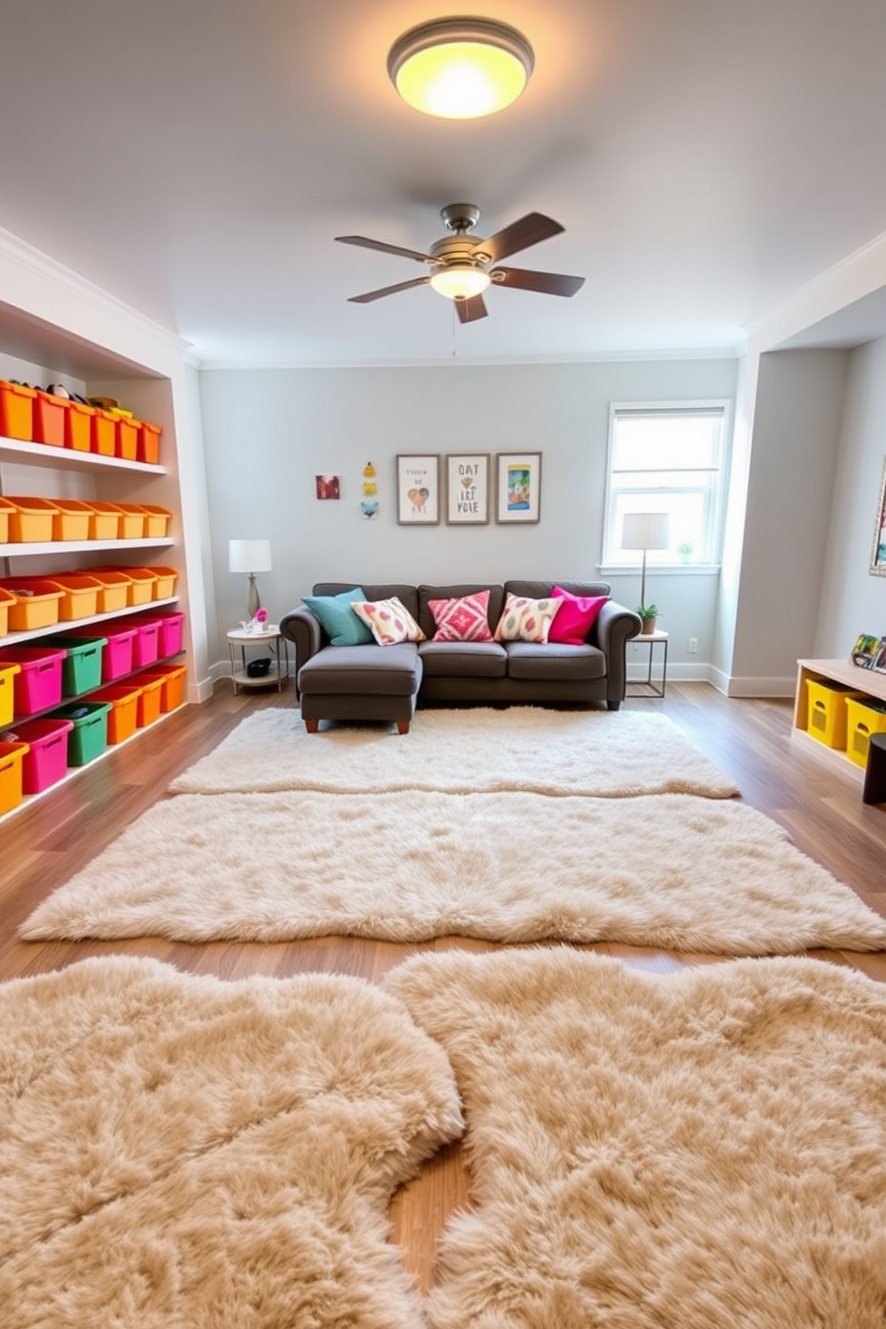 A cozy winter playroom designed for comfort and fun. The floor is covered with soft faux fur rugs in neutral tones, creating a warm and inviting atmosphere. Brightly colored storage bins are arranged neatly along the walls, providing ample space for toys and games. A plush sectional sofa with colorful cushions sits in the center, perfect for family gatherings and playtime.