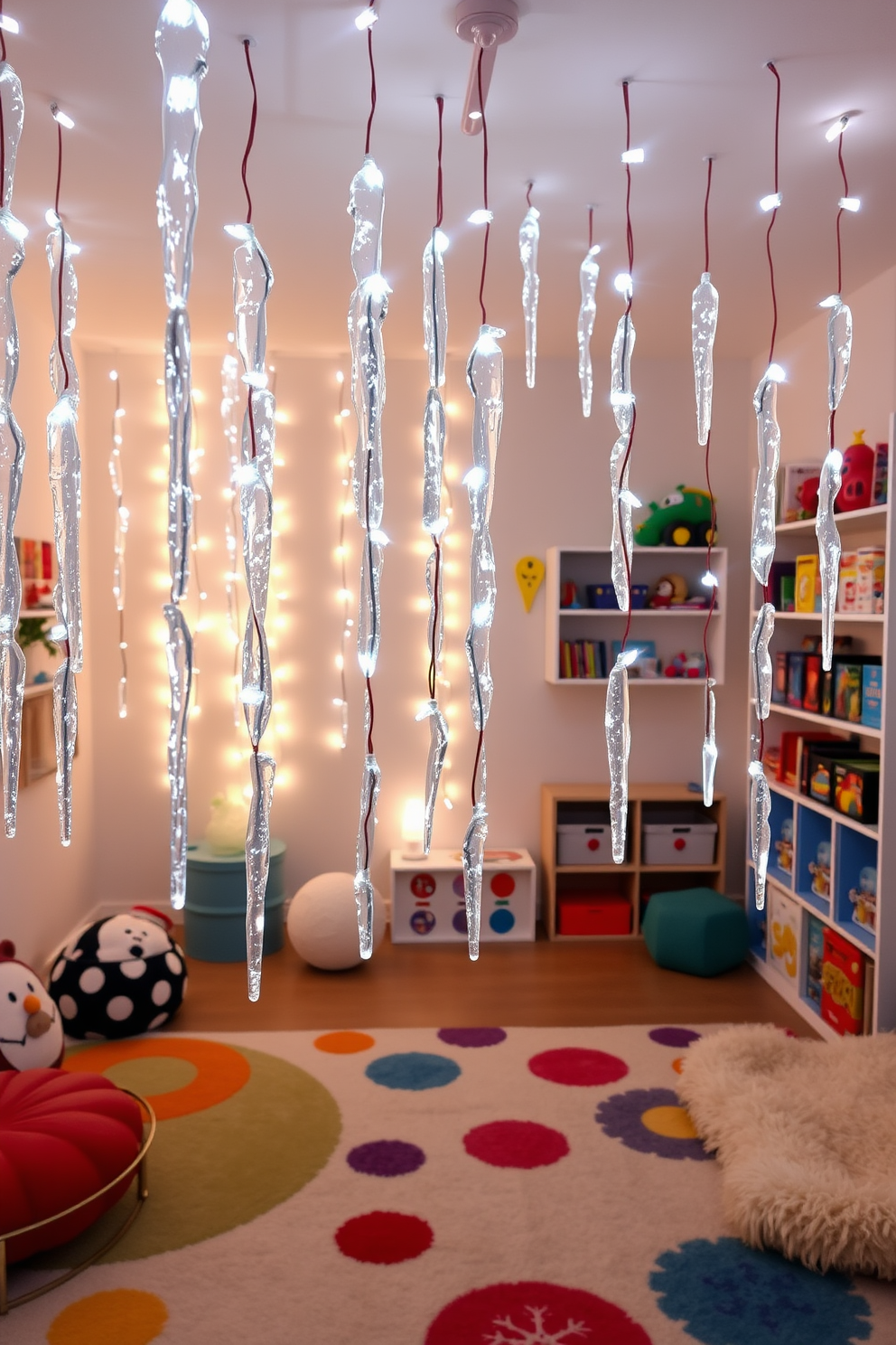 Hanging icicle lights create a magical ambiance in the winter playroom. The soft glow of the lights illuminates the space, enhancing the playful decor and inviting warmth. Colorful rugs and plush seating areas are arranged to encourage imaginative play. Wall-mounted shelves display an array of toys and books, creating an organized yet whimsical environment.