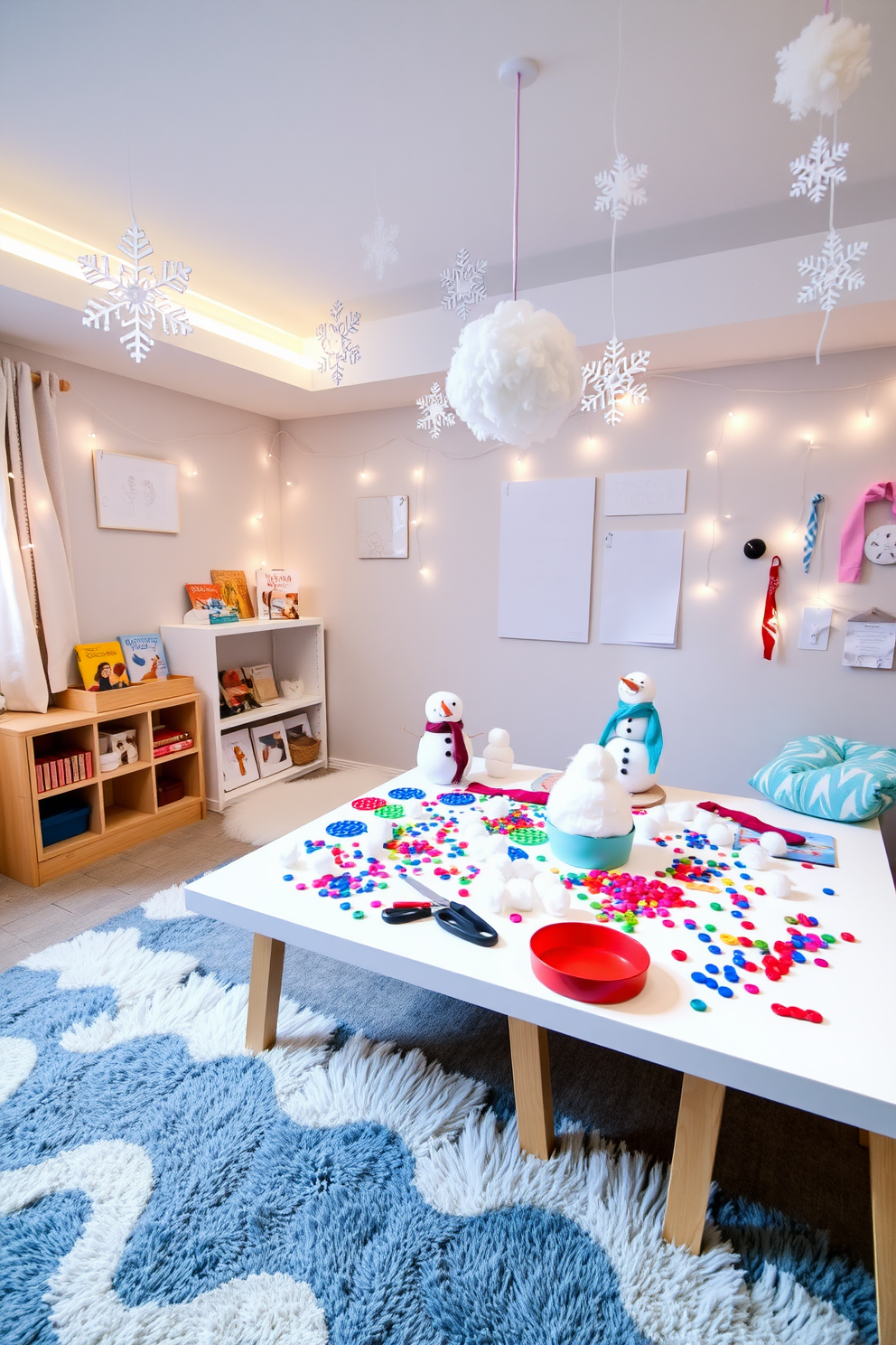 A cozy winter playroom filled with a DIY snowman craft station for kids. The area features a large table covered with colorful craft supplies, including white cotton balls, buttons, and scarves for decorating the snowmen. Soft lighting creates a warm atmosphere, with snowflake decorations hanging from the ceiling. A plush rug in shades of blue and white adds comfort, while a small bookshelf displays winter-themed storybooks for inspiration.