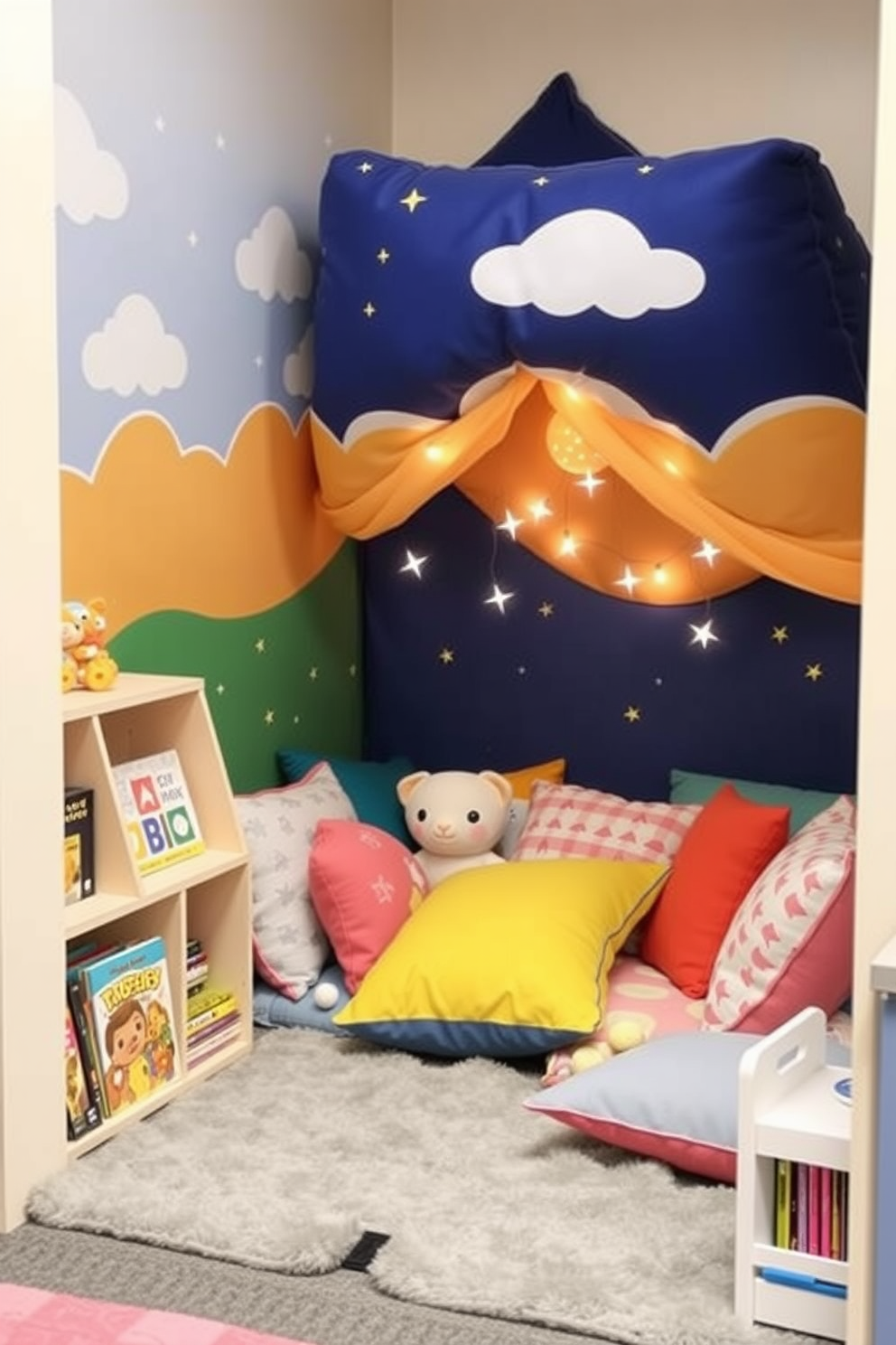 A cozy pillow fort corner designed for imaginative play. Soft, colorful cushions and blankets create a whimsical space filled with plush toys and fairy lights. The walls are adorned with playful murals of clouds and stars. A small bookshelf nearby holds children's books and games, inviting creativity and exploration.